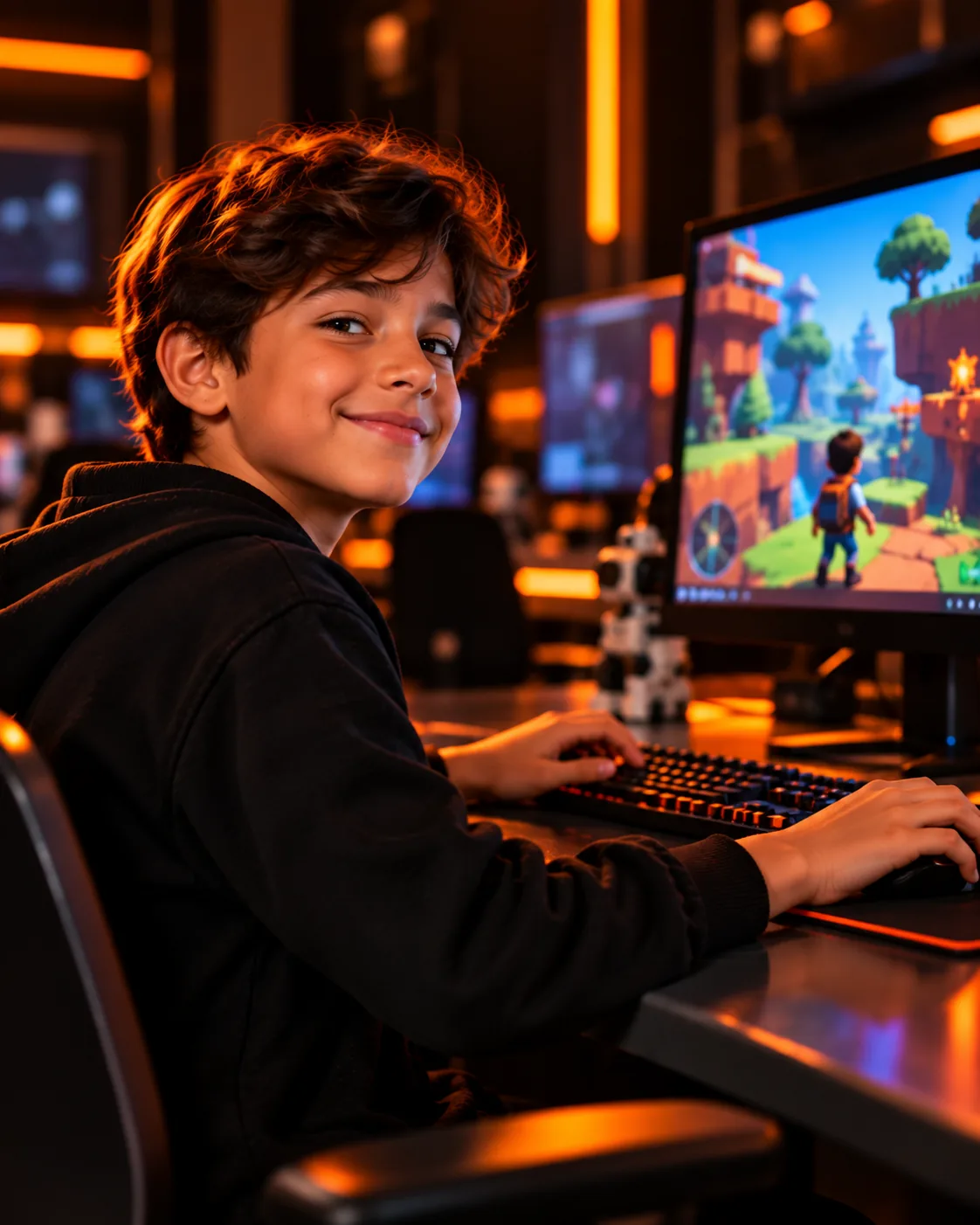 Menino sorrindo enquanto cria um jogo no computador em aula de desenvolvimento de games
